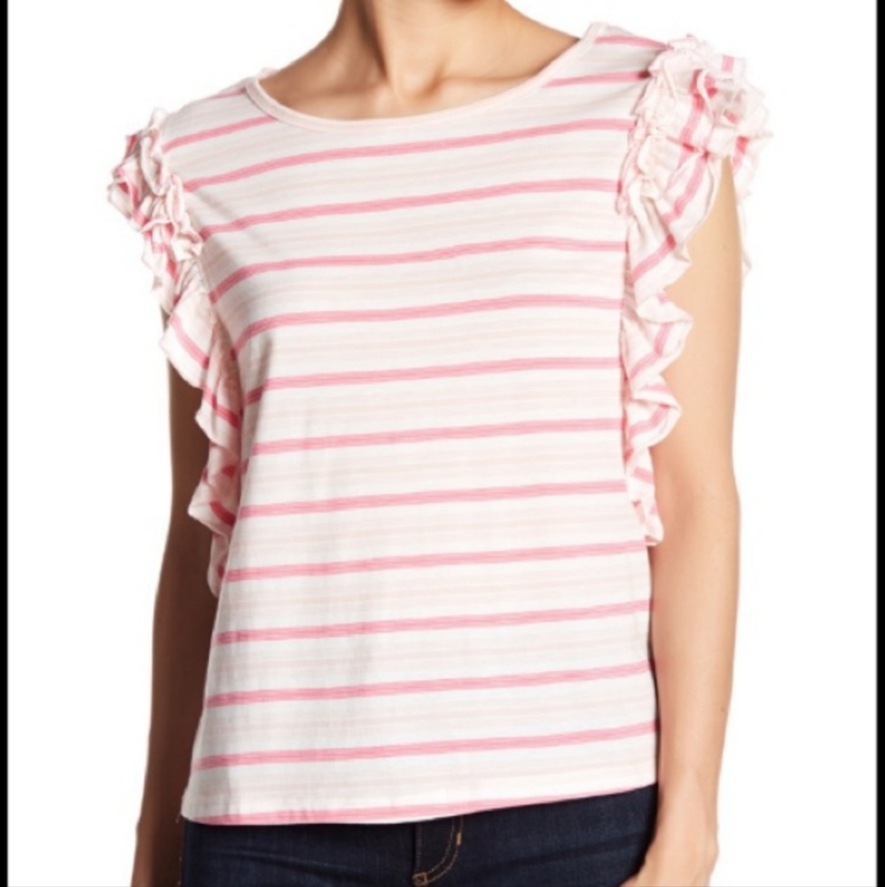 Romeo & Juliet Couture Pink Ruffle Sleeve Striped top Size Medium